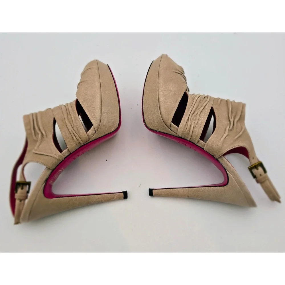 Creazioni Taccetti Beige Ruched Leather Peep‎ Toe Slingback Heels 38/7.5 Italian